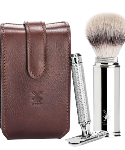 Mühle Reiserasierset in einer braunen Ledertasche